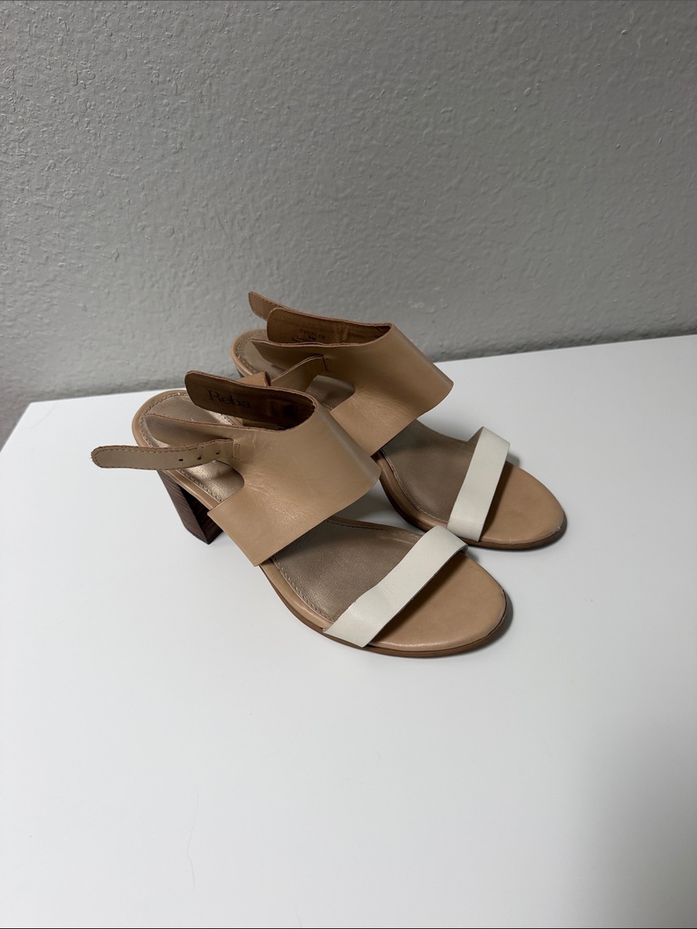 Reba Two-Tone Tan and White Block Heel Sandals-shipping discount!